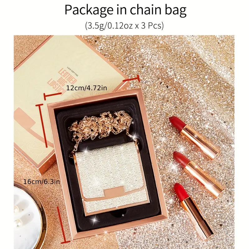 Velvet Texture Matte Lipstick Set - Long Lasting, Waterproof, Smudge Proof, Retractable Red Lipstick with Slivery Chain Bag Package Valentine's Day Gifts